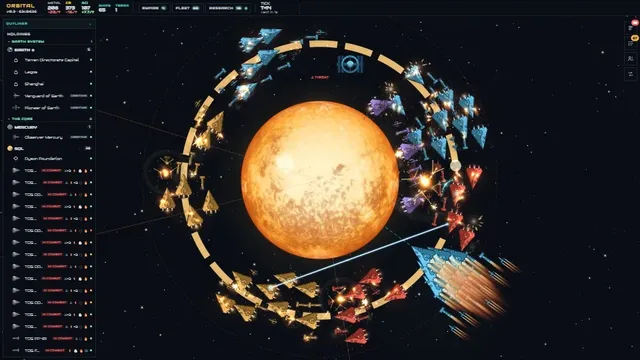 Blue, red, gold and purple fleets circle the Sun inside the Dyson Sphere’s ring, trading fire.