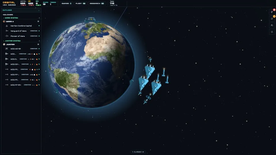 Earth’s blue fleet waits in orbit. At Jupiter a player boxes a Mega Destroyer and its red escort and sends them to Earth. A blue squadron from the asteroid belt intercepts them in flight and rides in beside them; in Earth’s orbit the Mega Destroyer’s beam scorches the planet, and Earth’s fleet destroys it.