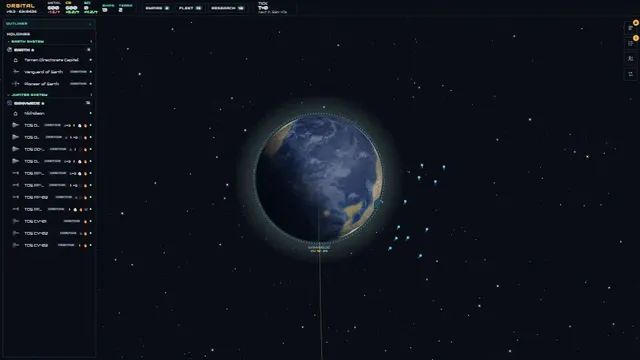 Blue ships near Earth are selected and sent across the system, where they arrive and fight a red fleet.