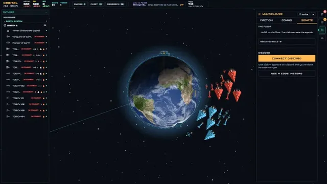 The Senate panel shows the passed bill, then red and blue fleets fight over Earth.