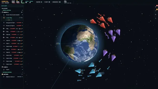 Red, purple and blue fleets fight over Earth, then the camera crosses the system to a battle over Titan.