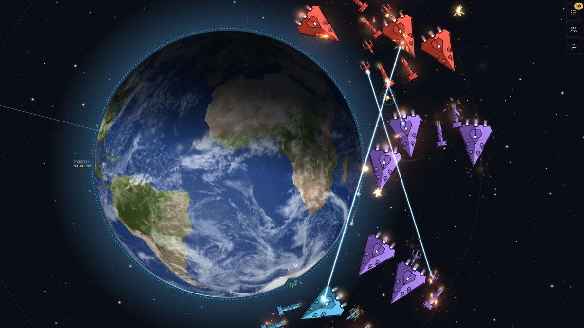 A three-way battle at Earth: red, purple and blue fleets in orbit, beams and tracers crossing between them.