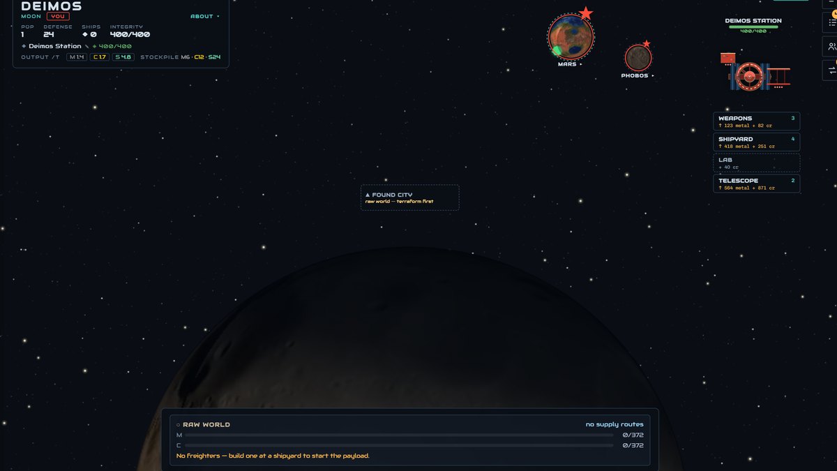 The world menu of Deimos, a raw moon: a station holds it, and the Terraform tab shows a metal and credit meter waiting for a freighter.