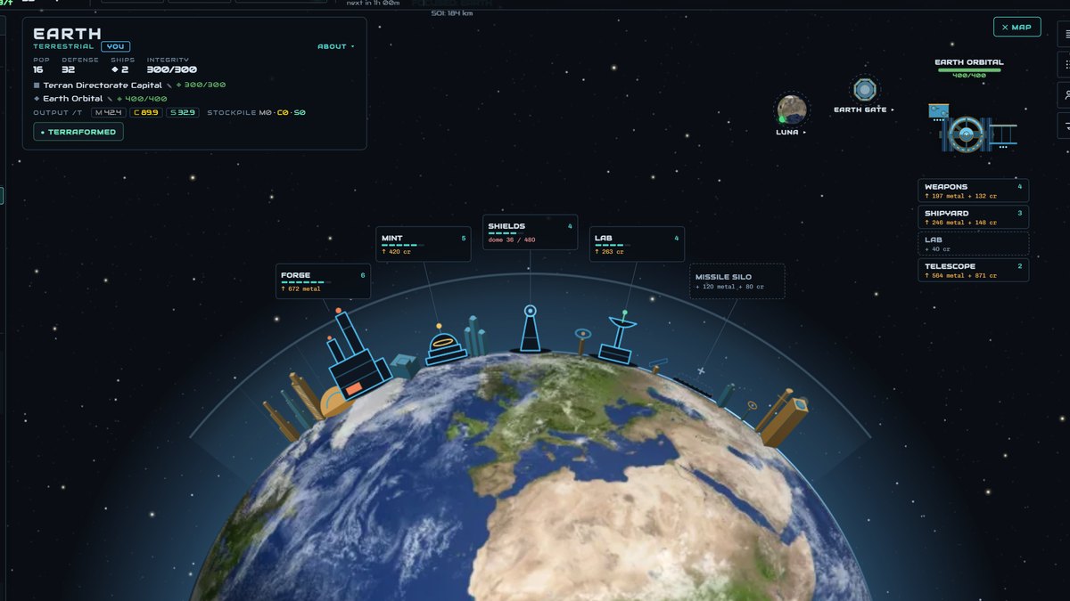 Earth’s world menu: the city’s buildings stand on the planet’s rim, each with its level and upgrade cost, and the station in orbit beside it.