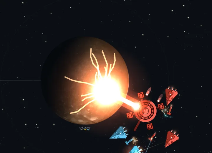 A red Mega Destroyer fires a beam into Callisto while its escort trades fire with a blue fleet in orbit.