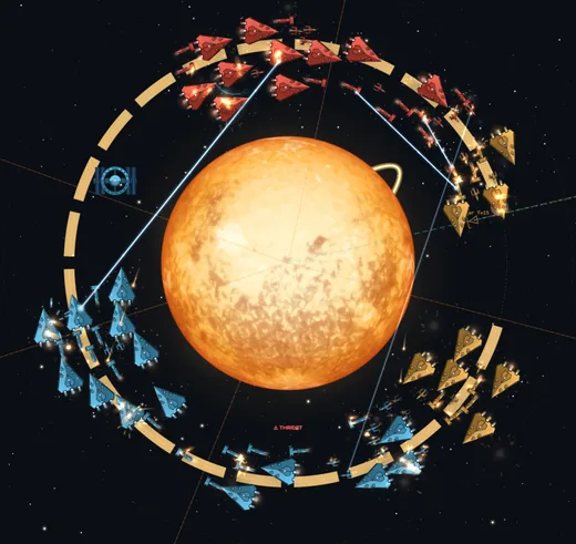 Four fleets fight around the Sun, inside the ring of a Dyson Sphere under construction.