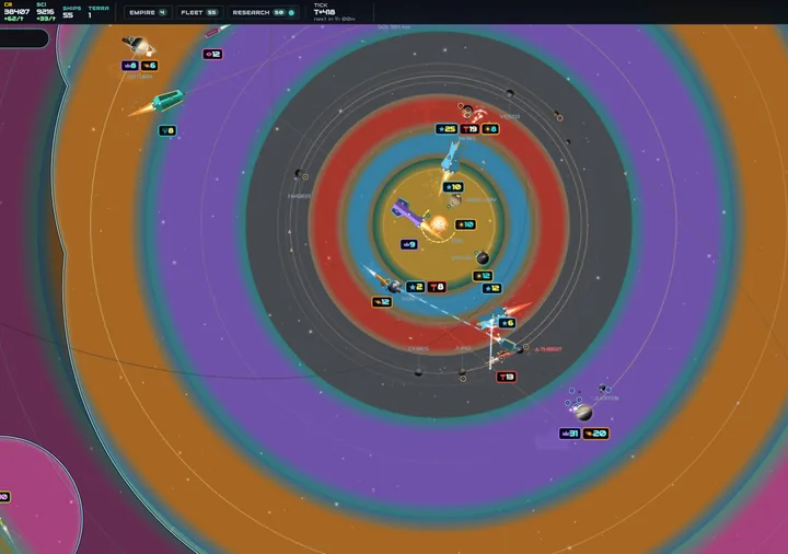 The whole solar system zoomed out, ringed by each empire's territory, with fleets and outposts across it.