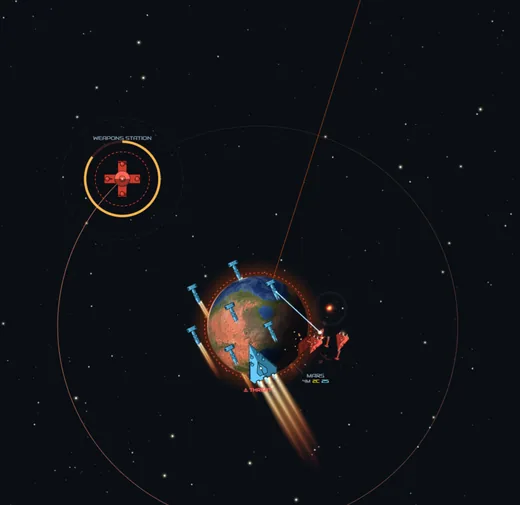 A blue raid burns in on Mars past a Martian Weapons Station.