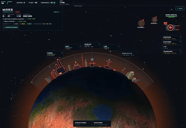 The Mars world menu: the city’s buildings stand on the planet’s rim (forge, mint, shields, lab and a missile silo), each with its level and upgrade cost.